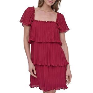 DKNY Womens Square-Neck Pleated Tiered Mini Dress 4 Beet - NWT